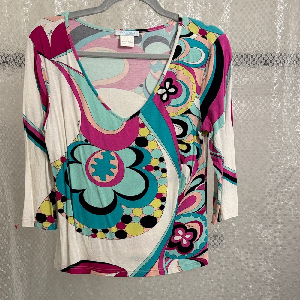 Emilio Pucci Multicolor Retro  V‑Neck 3/4 sleeve Top